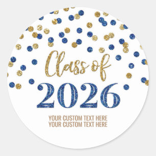 Sticker Rond Diplômé Confettis Bleu Or 2026
