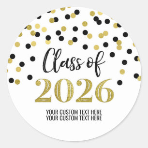 Sticker Rond Diplômé Confettis Noir Or 2026