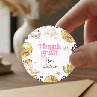Sticker Rond Disco Cowgirl Rodeo Pink Birthday Party Thank You