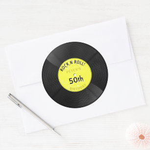 Sticker Rond Disque Vinyle Rétro Rock N Roll Jaune Anniversaire