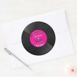 Sticker Rond Disque Vinyle Rétro Rock N Roll Rose Anniversaire
