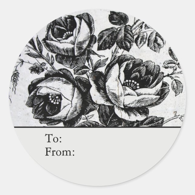 Sticker Rond Distressed B&W Roses Personalized To & From (Devant)