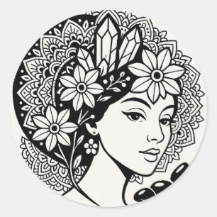 Sticker Rond Divine Feminine Mandala Art Floral Crystal Goddess