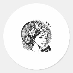 Sticker Rond Divine Feminine Mandala Art Floral Crystal Goddess