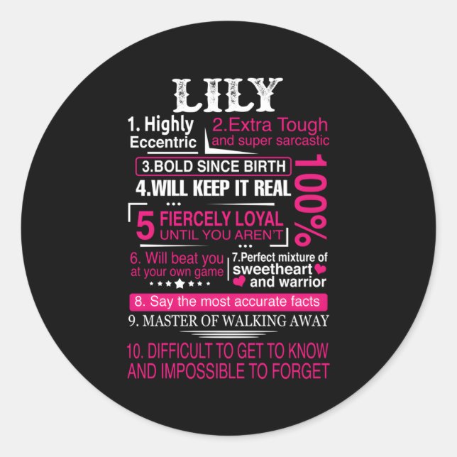 Sticker Rond Dix Faits Sur Le Nom Est Lily Prénom (Devant)