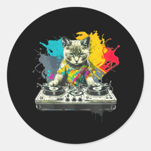 Sticker Rond Dj Cat drôle house musique chat