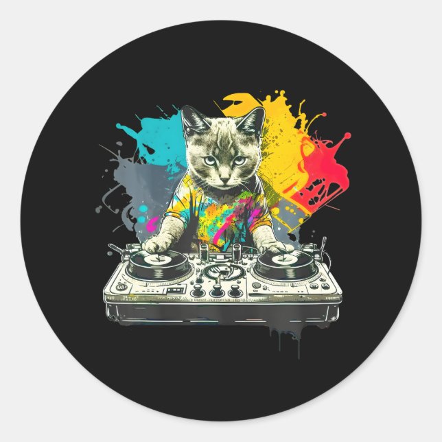 Sticker Rond Dj Cat drôle house musique chat (Devant)