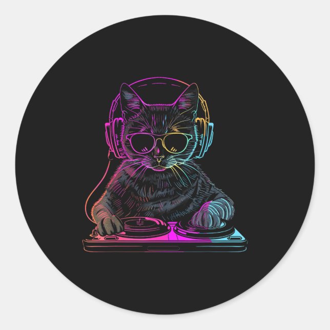 Sticker Rond Dj Cat Edm Techno House Music Funny Cat Lover For  (Devant)