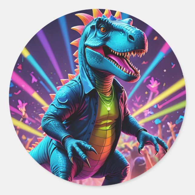 Sticker Rond DJ Dinosaur Party Avec Lumières Néon (Devant)