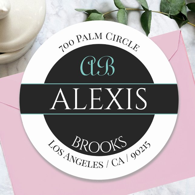 Sticker Rond do-it-yourself Nom Adresse Monogramme, Blanc Noir  (Créateur téléchargé)