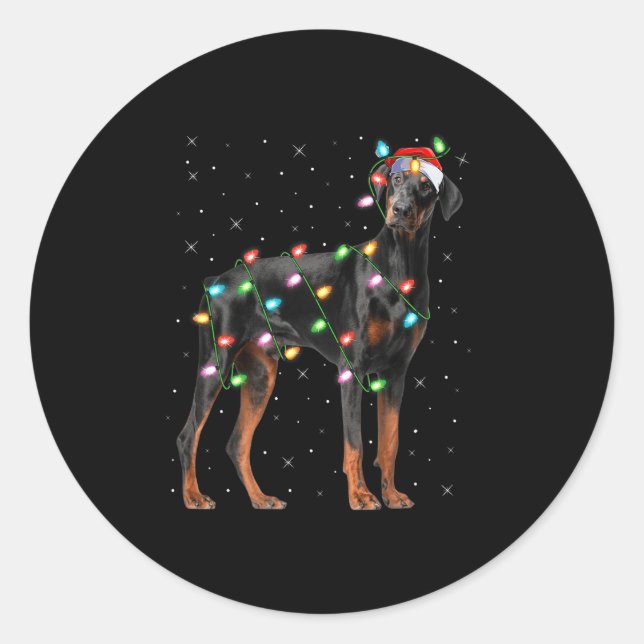 Sticker Rond Doberman Dog Christmas Lights Santa Pet Dog Lover  (Devant)