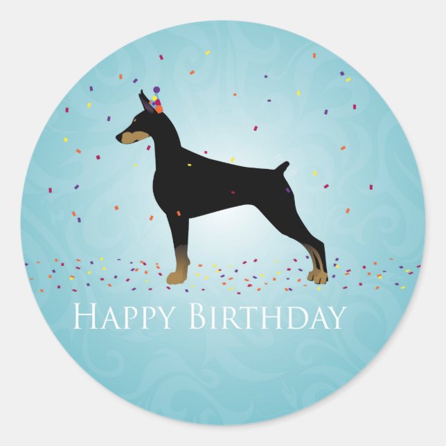 Sticker Rond Doberman Pinscher Joyeux Design d'anniversaire (Devant)