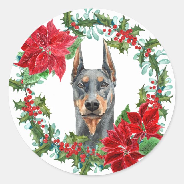 Sticker Rond Doberman Pinscher Poinsettia Holly Wreath (Devant)