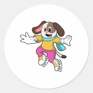 Sticker Rond Dog at Ice skating with Ice skates