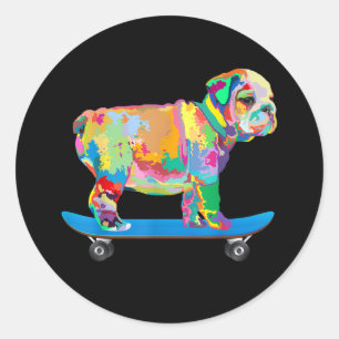 Sticker Rond Dog Colorful Cool Bulldog Puppy Skate