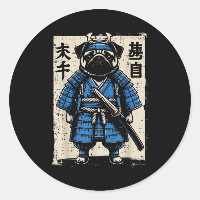Sticker Rond Dog Pug Samurai Funny Japanese Warrior Art Men Wom (Devant)