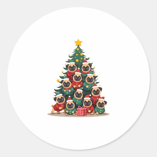 Sticker Rond Dog Pugs Christmas Tree Cute Xmas (2) (Devant)