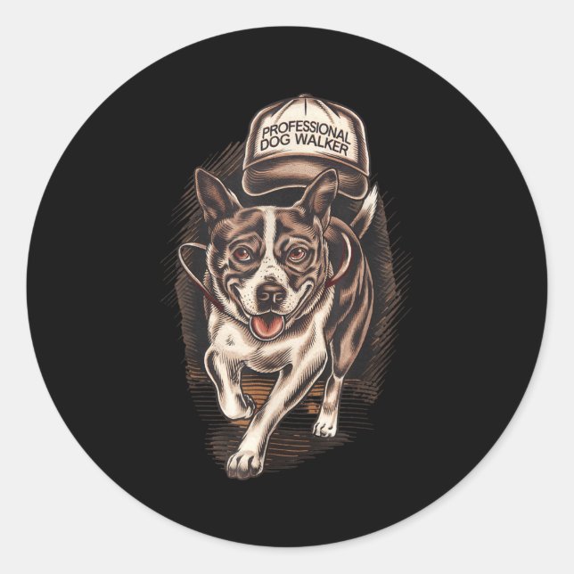 Sticker Rond Dog Waking Professional Dog Walker Hat Graphic  (Devant)