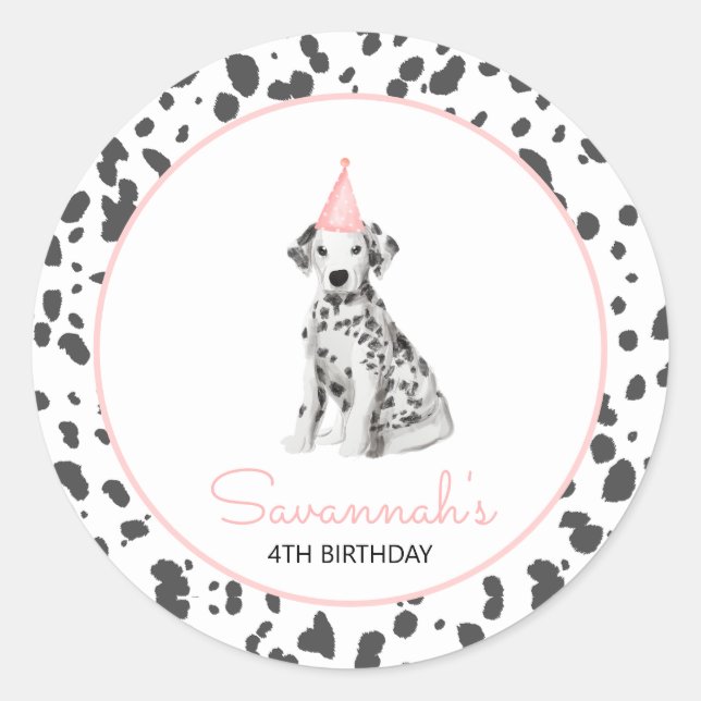Sticker Rond Doge de Dalmatie rose invité fête d'anniversaire e (Devant)