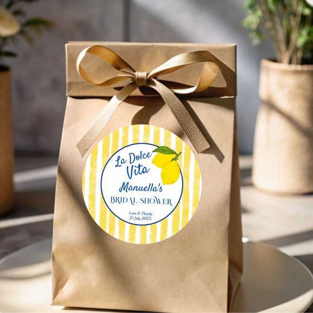 Sticker Rond Dolce vita citrons jaunes douche de mariée italien (Dolce vita yellow stripes Lemons Italian bridal shower personalized favor Stickers)