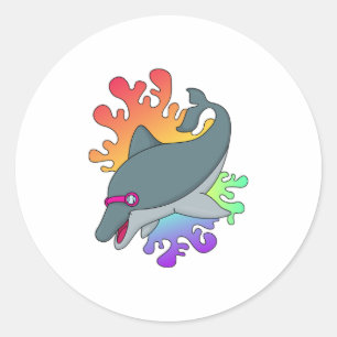 Sticker Rond Dolphin at Swimming with Swimming goggles