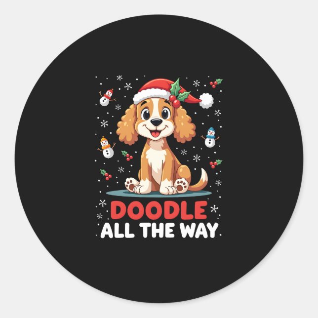Sticker Rond Doodle All The Way Funny Goldendoodle Santa Hat Ch (Devant)
