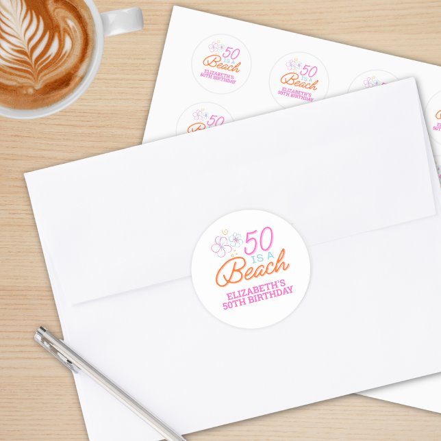 Sticker Rond Doodle branché à la main 50e plage Anniversaire (Créateur téléchargé)