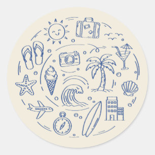 Sticker Rond Doodle de voyage d'été bleu dessiné à la main