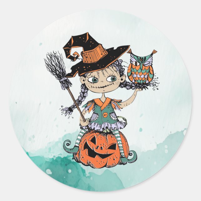 Sticker Rond Doodle Halloween Witch & Owl (Devant)