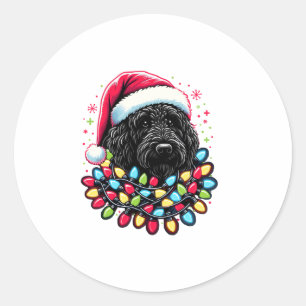 Sticker Rond Doodle noir Labradoodle Noël Arbre de Noël Lumière