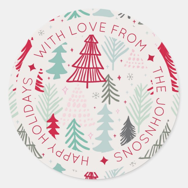 Sticker Rond Doodle scandinave arbres de Noël Personnalisé (Devant)