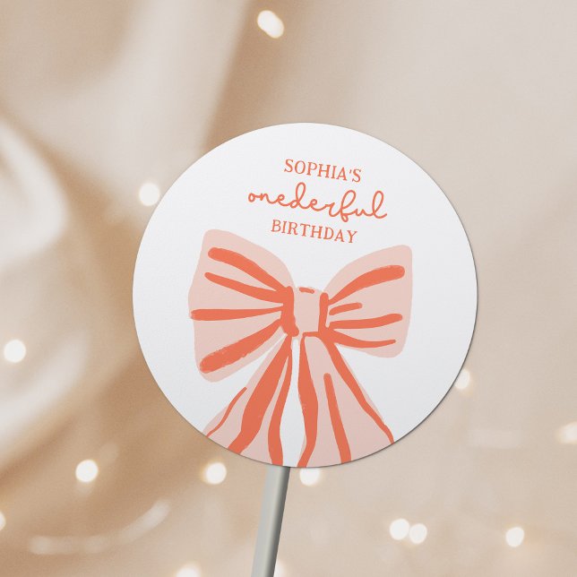 Sticker Rond Doodle Whimsical Pink Bow Girl 1er anniversaire (Créateur téléchargé)