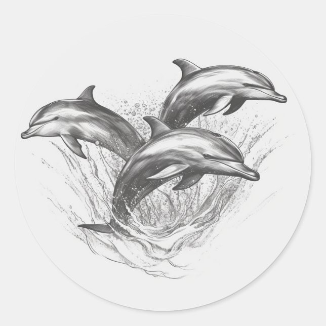 Sticker Rond Dophin Group Art crayon noir et blanc (Devant)