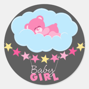 Sticker Rond Dormir Rose Girl Teddy Ours Dans Le Baby shower Nu