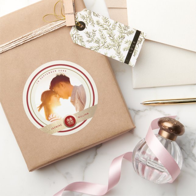 Sticker Rond Double Bonheur élégant Photo Mariage chinois (Cadeaux)