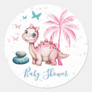 Sticker Rond Douce Baby Shower Dinosaure Rose