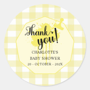 Sticker Rond Douce Baby Shower Jaune Gingham Pastel