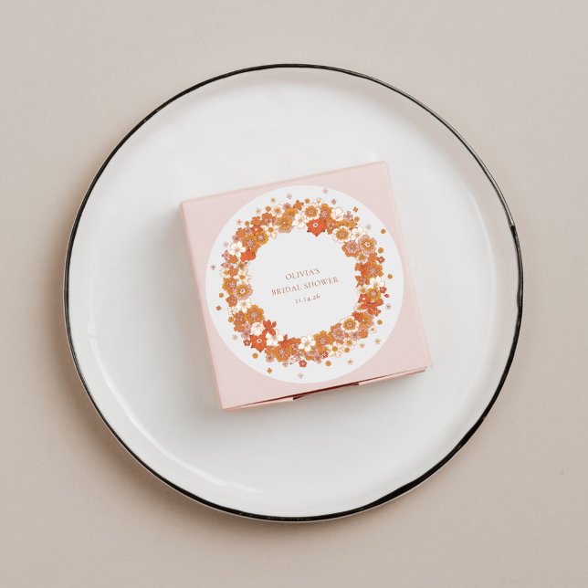 Sticker Rond Douce Bohème Orange Floral Fête de Mariage Personn (Créateur téléchargé)