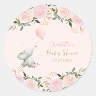Sticker Rond Douce Éléphant Aquarelle Fleurie Baby Shower Fille
