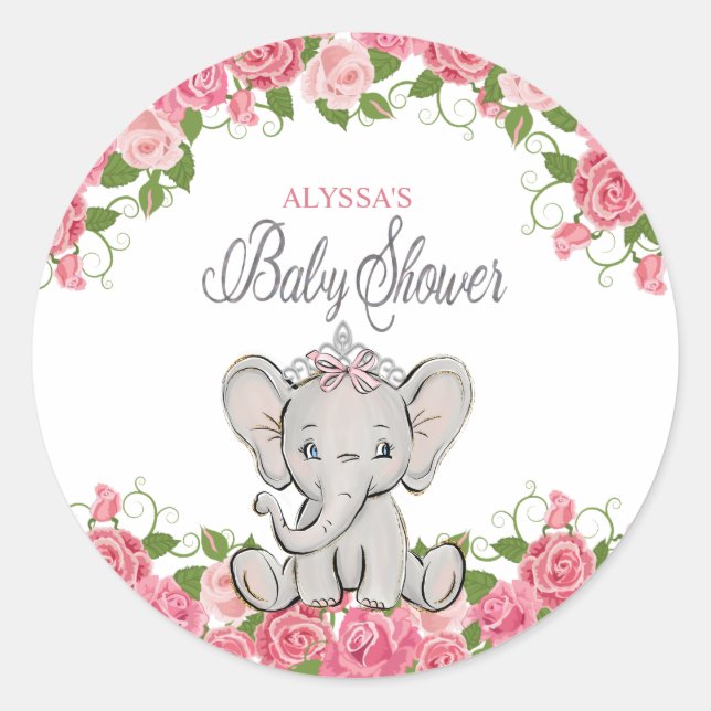 Sticker Rond Douce éléphant princesse fleurs roses Baby Shower (Devant)