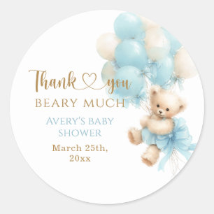 Sticker Rond Douce Fête Bébé Garçon Ourson Bleu Ballon Ruban
