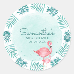 Sticker Rond Douce Fête de Bébé Aquarelle Flamant Rose & Feuill