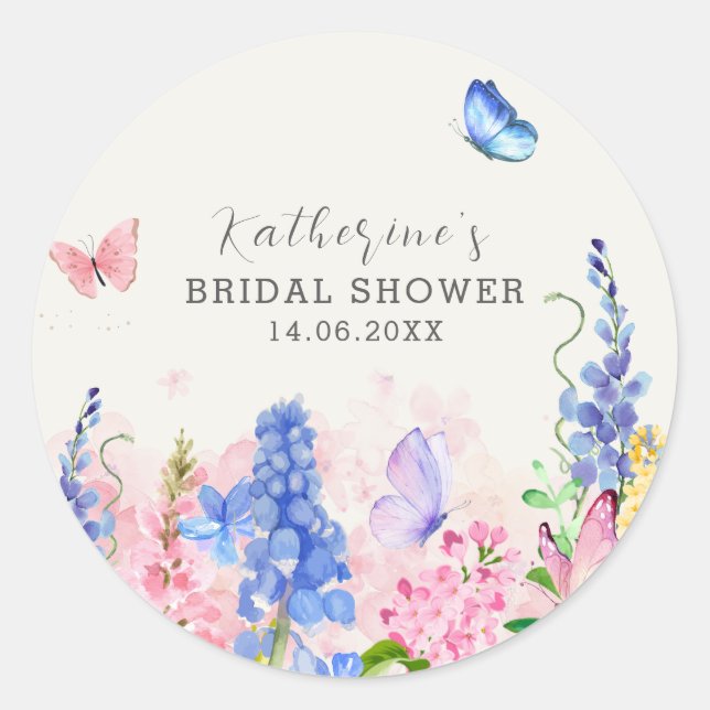 Sticker Rond Douce Fête de Mariage Florale avec Papillons (Devant)