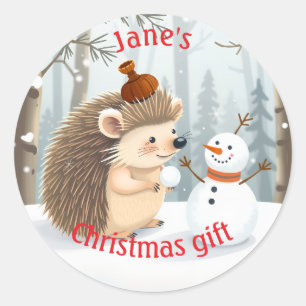 Sticker Rond Douce hérisson personnalisé et bonhomme de neige