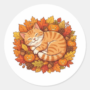 Sticker Rond Douces Ambiançes Automnales de Chat Mignon Citroui
