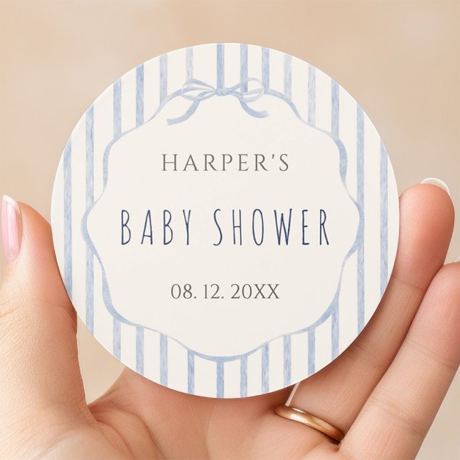 Sticker Rond Douces Rayures Bleues avec Baby Shower Cadre  (Créateur téléchargé)