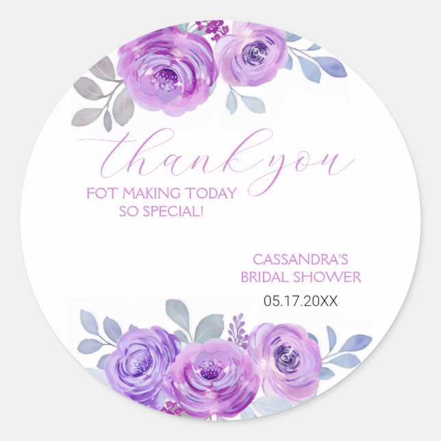 Sticker Rond Douche de Mariée Fleurie de Rose Violette Chic  (Devant)