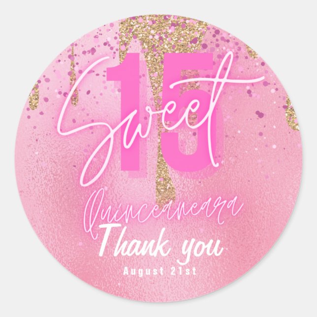 Sticker Rond Doux 15 Parties scintillant rose huile Quinceanera (Devant)