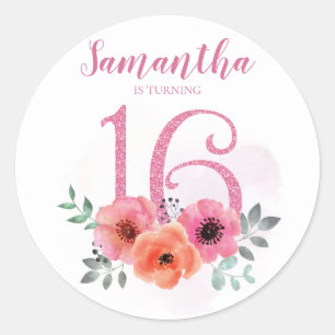 Sticker Rond Doux 16 Anniversaire rose Parties scintillant flor