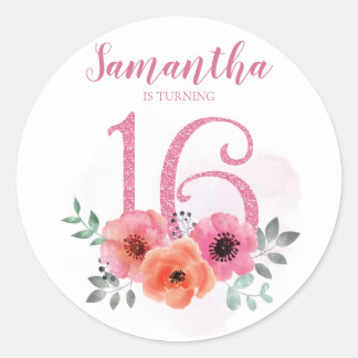 Sticker Rond Doux 16 Anniversaire rose Parties scintillant flor